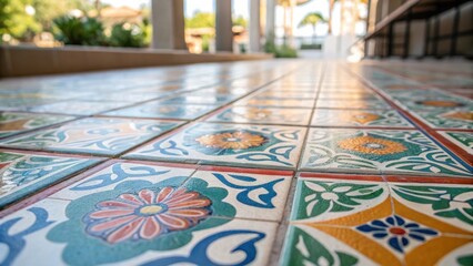 A medium closeup shot of a completed tile installation highlighting the glossy finish of the cured grout and the vibrant patterns of the tiles bathed in natural light.