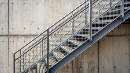 A medium closeup shot of a seamlessly integrated fire escape staircase with metal grating and safety railings against a textured concrete wall demonstrating a practical emergency