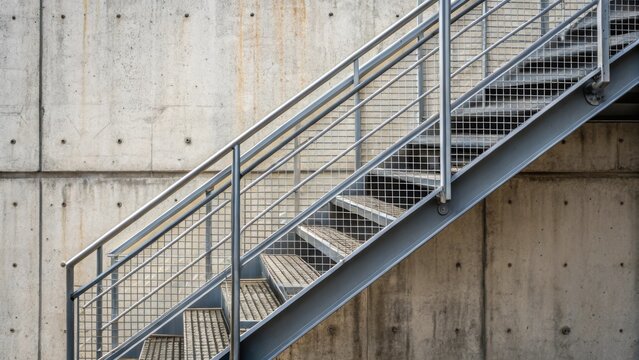 A medium closeup shot of a seamlessly integrated fire escape staircase with metal grating and safety railings against a textured concrete wall demonstrating a practical emergency