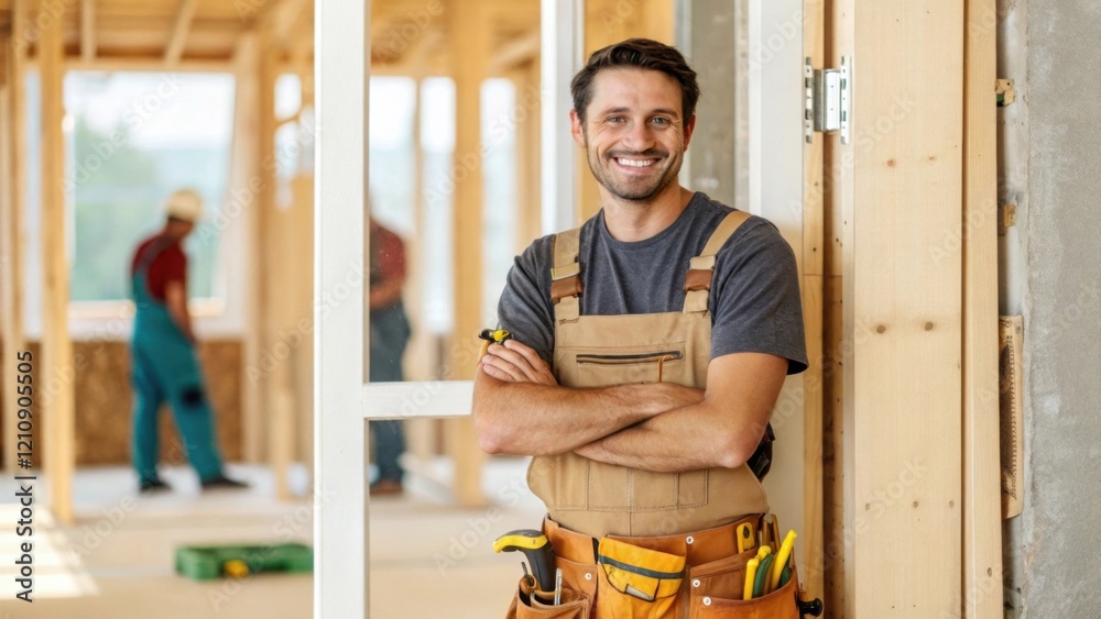 Poster A medium closeup showcasing a smiling worker standing beside a partially installed door with a tool belt full of equipment visible emphasizing teamwork and craftsmanship.