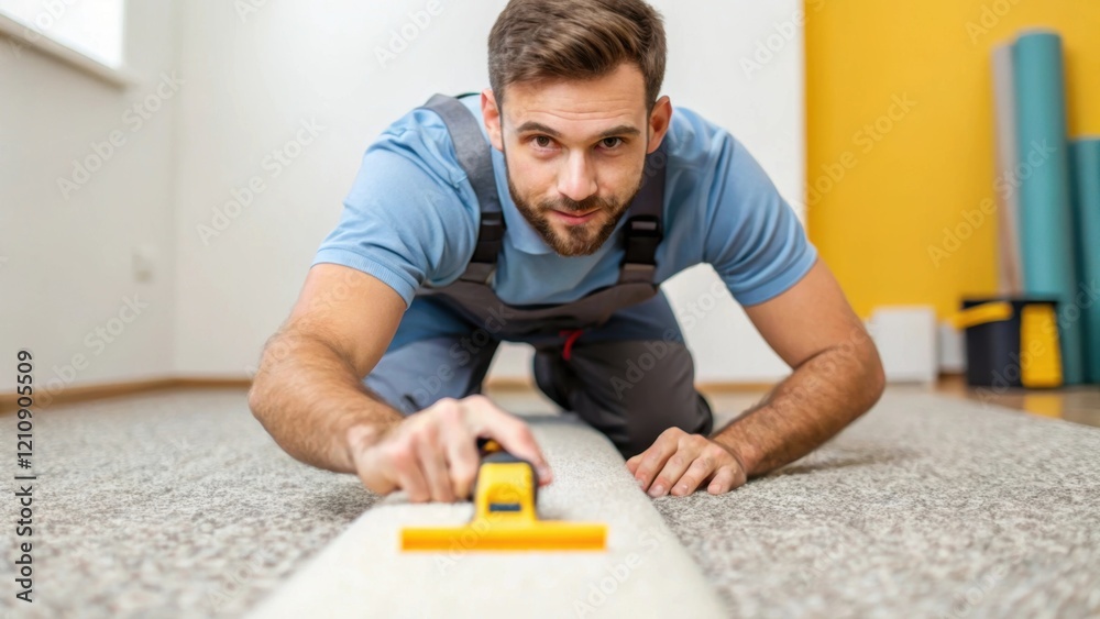 Poster A medium closeup showing a carpet installer gripping a carpet stretch tool his focused expression captured as he exerts pressure to secure the carpet against a newly installed