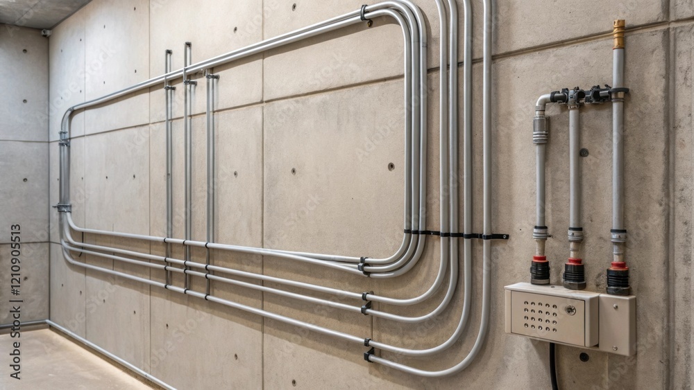 Aufkleber A medium closeup showcasing the unique integration of utilities within a freshly printed concrete wall with electrical conduits and plumbing lines embedded seamlessly demonstrating
