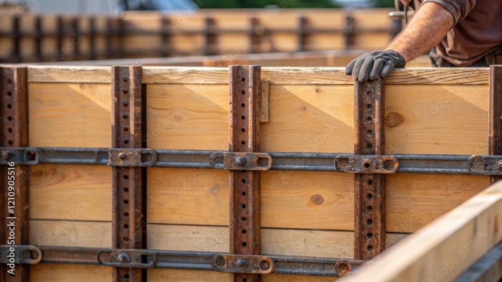 Aufkleber a medium closeup showcasing the texture of the wood and metal brackets that create the formwork with