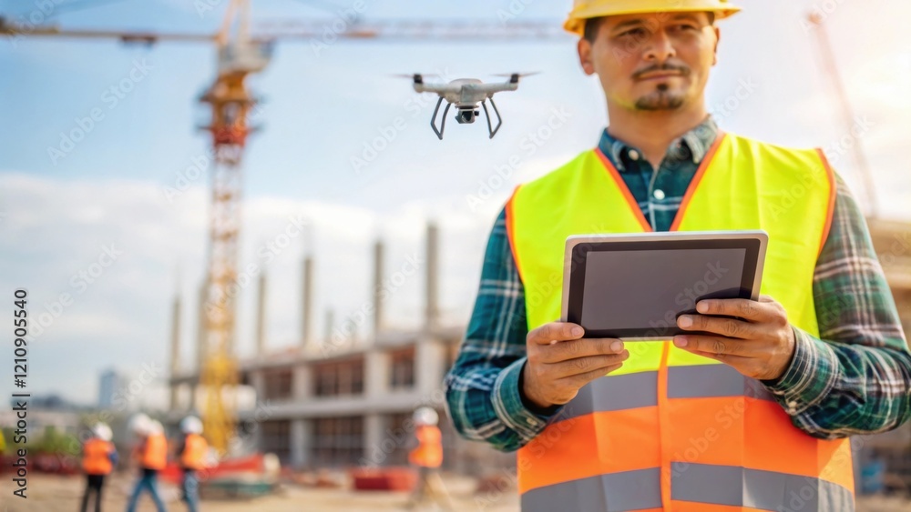 Poster A medium closeup showing a construction supervisor using a tablet to receive aerial data from a drone with vibrant construction site elements framing the scene illustrating the