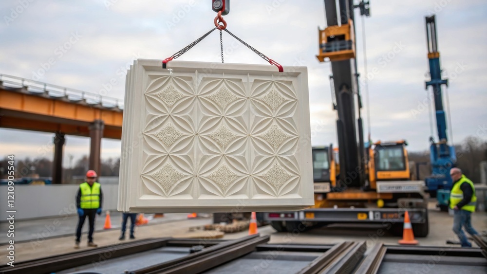 Aufkleber A medium closeup showing a finished 3Dprinted panel being lifted by a crane with workers in the background preparing the site for its installation illustrating the integration of