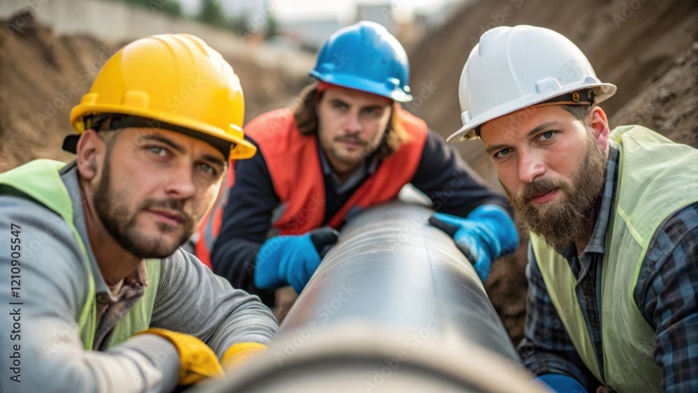 Aufkleber A medium closeup showing a team of utility workers coordinating the placement of a heavy underground pipe. Their expressions are focused and intent with safety helmets and gloves
