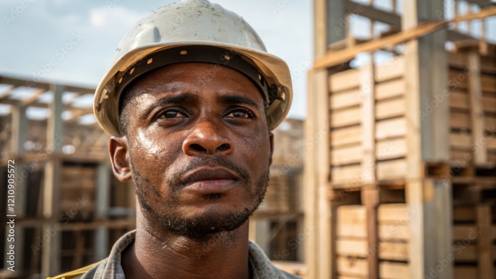 Poster A medium closeup showing a workers face determined and focused with a backdrop of wooden crates and steel beams. The sweat glistening on their brow signifies hard labor while the