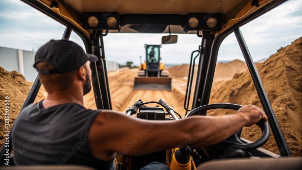 Poster A medium closeup showing the operator inside a backhoe hands on the controls as it scoops up a large mound of earth with the muscle and mechanics of the machine prominently