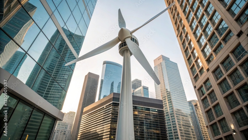 Aufkleber A medium closeup showing the integration of a small wind turbine within the architecture of a commercial building with the turbine seamlessly blending into the design showcasing