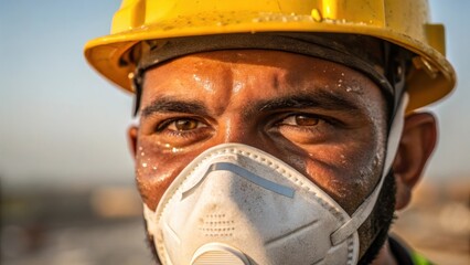 Fototapeta premium A medium closeup showing a construction workers face sweat glistening under the sun wearing a hard hat and a respirator mask embodying the rigor of the job.