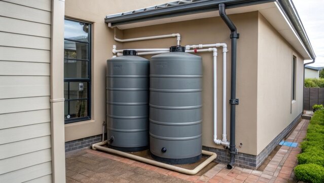 A medium closeup showing a rainwater harvesting system integrated into a residential building with clearly visible piping and storage tanks demonstrating resourceefficient water
