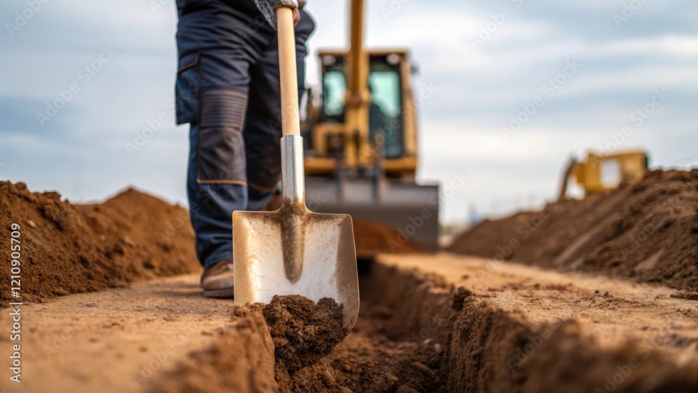 Leinwandbilder A medium closeup view of a utility technician using a large spade to dig a precise trench showcasing the dirt being tossed aside while machinery operates in the background.
