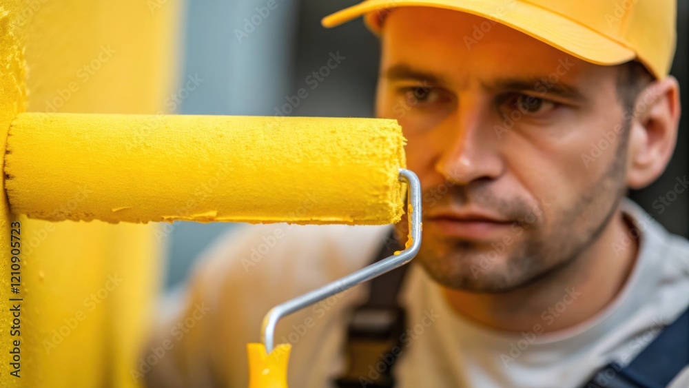 Poster a medium closeup view of a painters face focused on precision bright yellow paint dribbling slightly