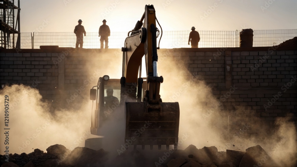 Poster a medium shot captures the intense moment as a hydraulic arm of a bulldozer crushes a wall sending a