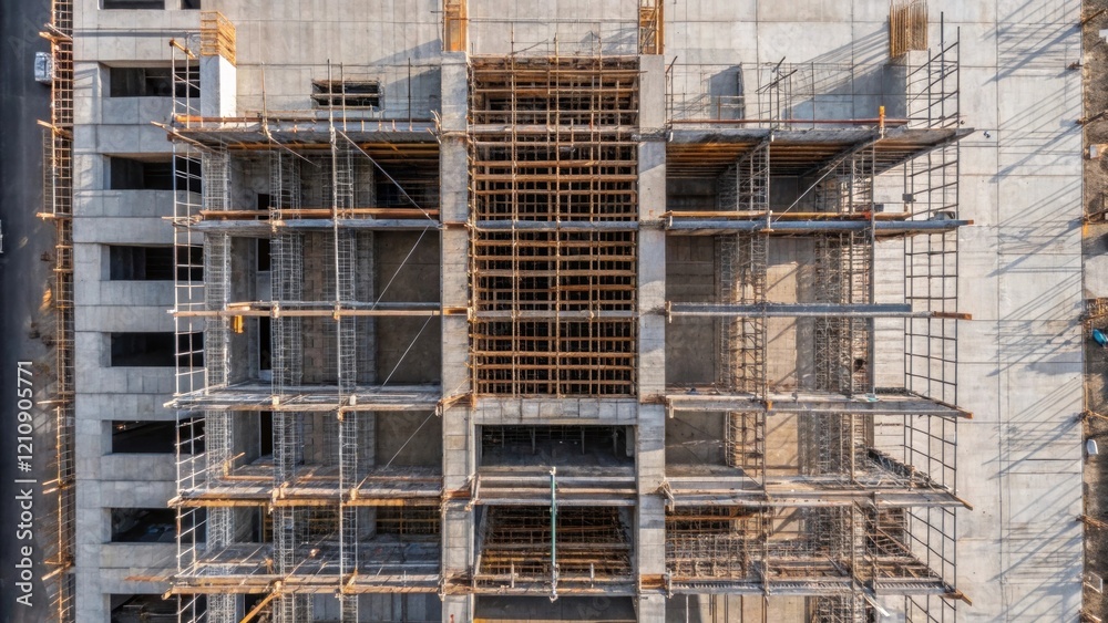 Aufkleber An aerial medium closeup of scaffolding enveloping the evolving structure providing a stark contrast between the raw materials and the increasingly defined vertical lines of the