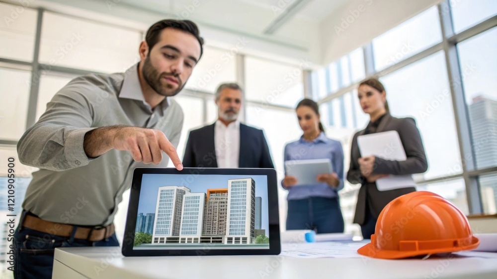 Leinwandbilder An architect gestures towards a digital tablet displaying 3D building models with their focused expressions reflecting the importance of the project as their colleagues look on