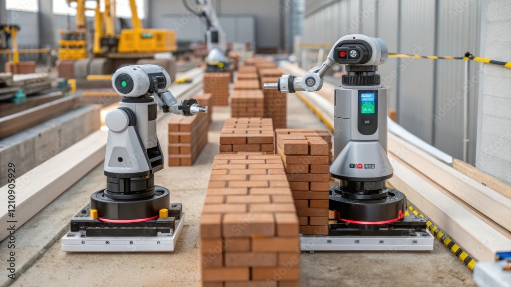 Aufkleber An assembly of robotic units working in tandem on a construction site where one robot places bricks while another uses a laser to measure alignment emphasizing collaboration and