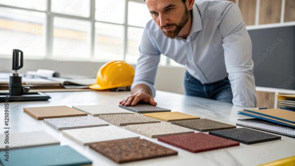Poster An engineer leaning over a table examining a selection of material samples while consulting with colleagues. The varying textures and colors of the materials are highlighted