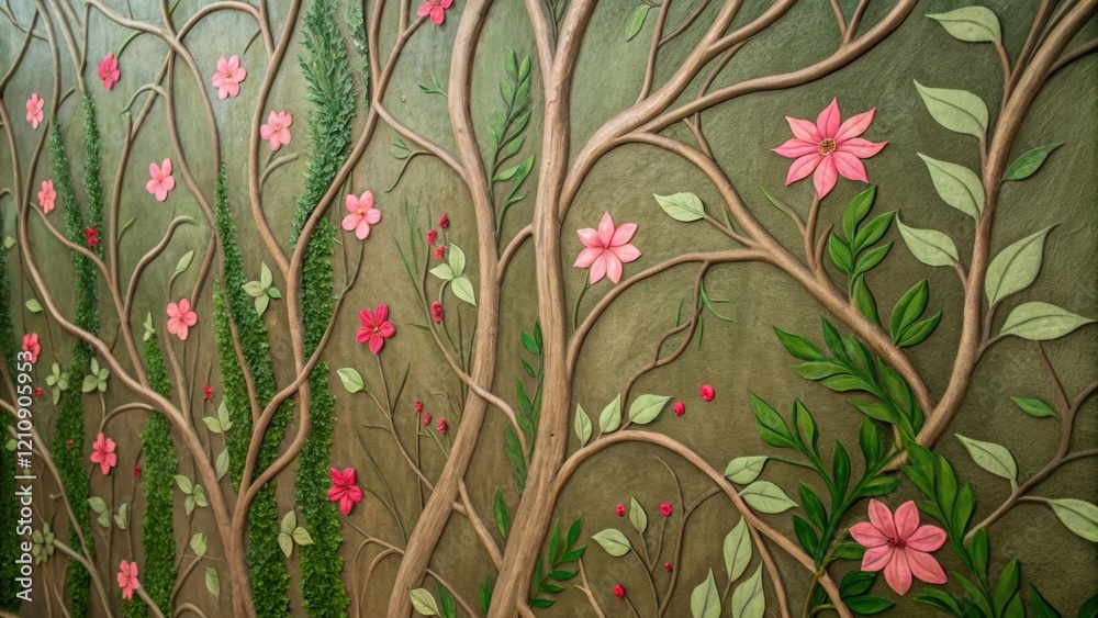 Poster an artistic representation of nature where closeup strokes depict vines and flowers rendered in eart