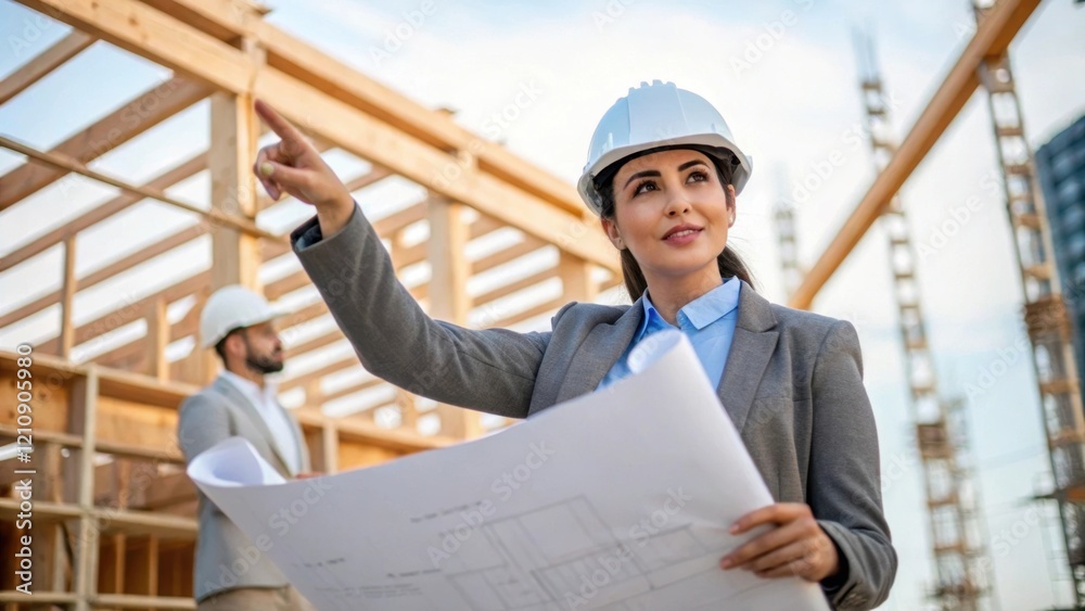 Poster an engaged female architect reviewing blueprints onsite gesturing to a colleague with the constructi