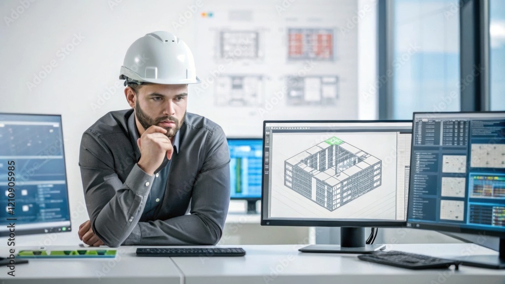 Aufkleber An engineer at a workstation surrounded by digital displays showcasing various building components and simulation tools deep in thought as they plan for the next phase of