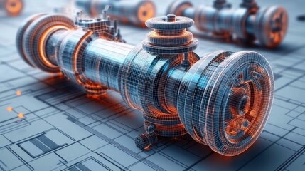 Technical Illustration of Valves in Wireframe Style with Ambient Lighting and Blueprint Background