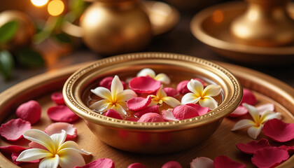 Traditional Thai bowl with rose petals and jasmine, serene ambiance, Scented Water Bowls, Songkran