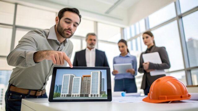 An architect gestures towards a digital tablet displaying 3D building models with their focused expressions reflecting the importance of the project as their colleagues look on