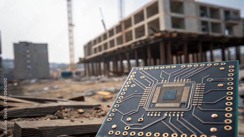 Aufkleber An intricate closeup of a printed circuit board featuring blockchain nodes set against a backdrop of construction site debris and unfinished structures symbolizing the integration