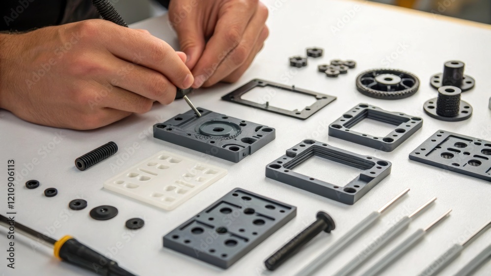 Poster An intimate view of small detailed components being aligned for assembly showcasing the precision and craftsmanship involved in the final construction.