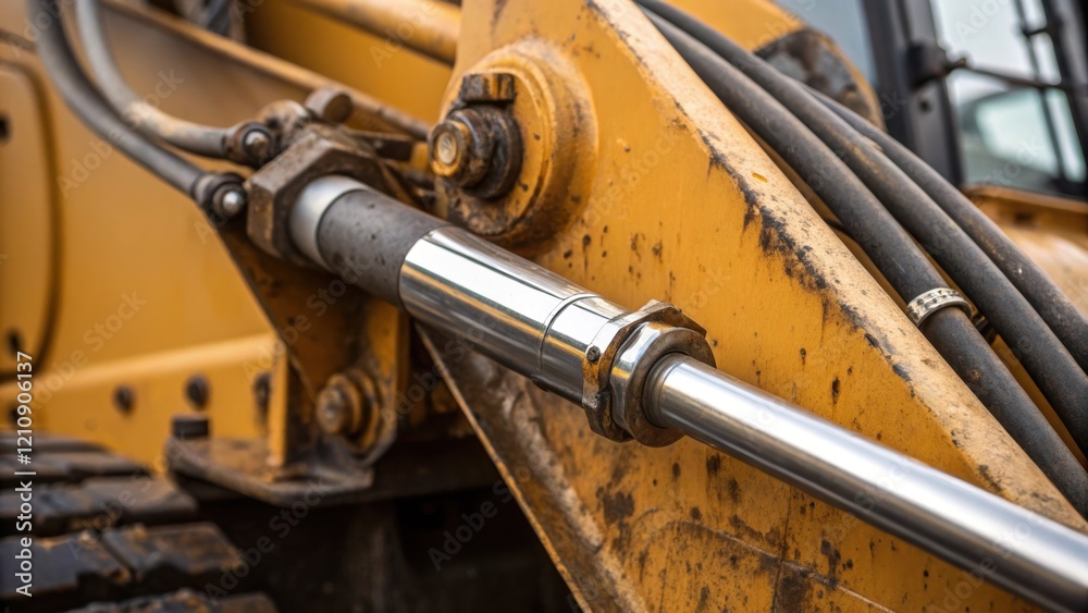 Poster an intricate medium closeup of an excavators hydraulic arm focusing on the glistening pipework and j