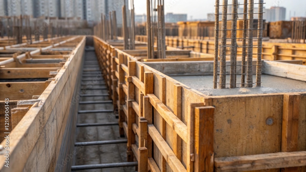 Poster an intimate view of the highrise buildings foundation highlighting the concrete being pumped into la