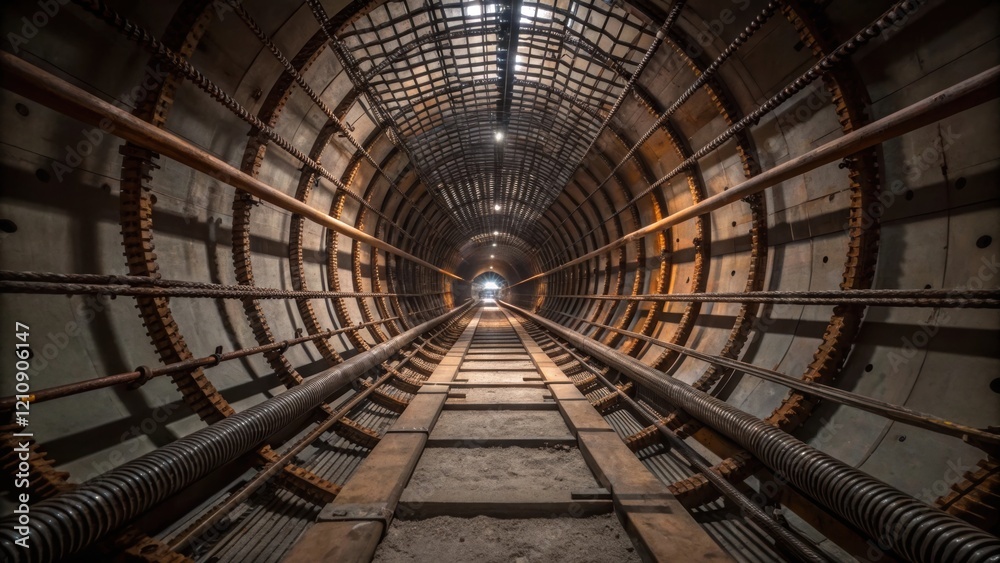 Aufkleber An intricate mesh of reinforced steel supports is visible around the tunnel walls highlighting the engineering behind keeping the structure stable as the tunnel boring machine