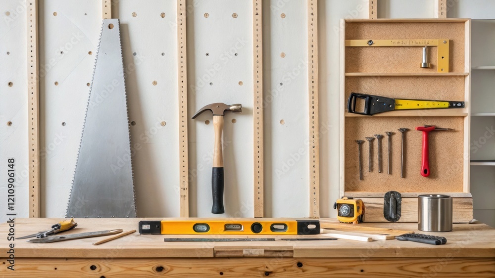 Poster an organized workspace showcasing a variety of tools a saw hammer and level with a partially complet
