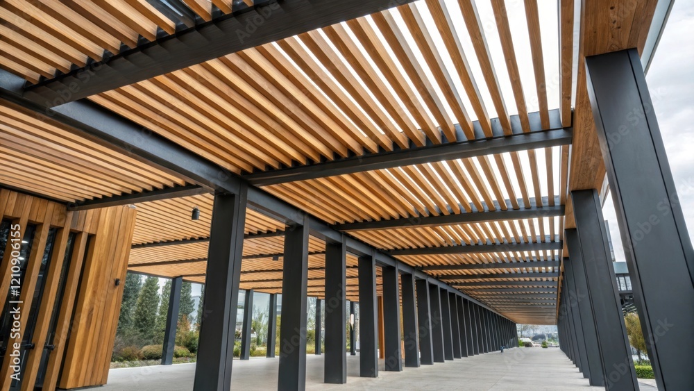 Poster An intricate design of wooden slats encasing steel support beams is featured creating a striking visual pattern that enhances the structures modern appeal.