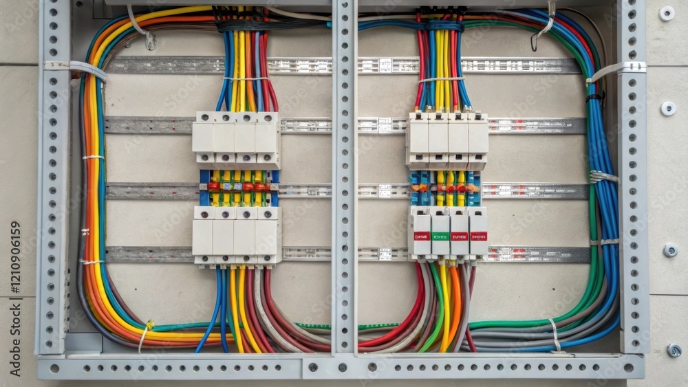 Poster An overhead closeup revealing a network of electrical connections within a preassembled wall section with colorful wiring and electrical boxes neatly arranged prior to