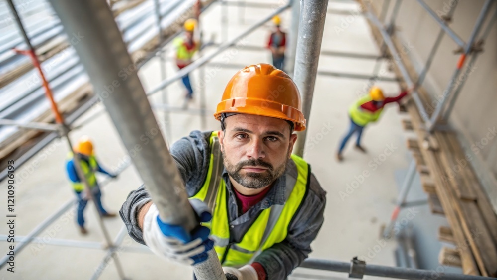Leinwandbilder an overhead medium closeup shows a worker grasping a towering scaffold pole with a blur of movement 