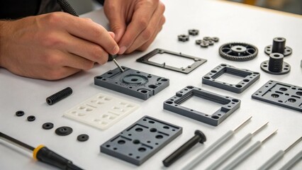 An intimate view of small detailed components being aligned for assembly showcasing the precision and craftsmanship involved in the final construction.