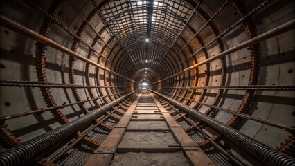 An intricate mesh of reinforced steel supports is visible around the tunnel walls highlighting the engineering behind keeping the structure stable as the tunnel boring machine