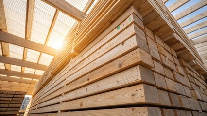 Fototapeta premium An overhead closeup of a stack of CLT panels on a construction site illustrating the organized arrangement of the wood with sunlight streaming through accentuating the ecofriendly
