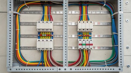 An overhead closeup revealing a network of electrical connections within a preassembled wall section with colorful wiring and electrical boxes neatly arranged prior to