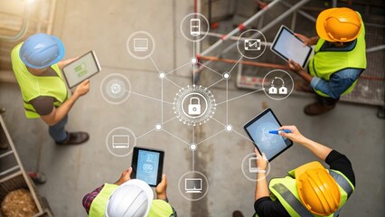 An overhead medium closeup of a bustling construction site with workers utilizing tablets and smartphones all connected to a central blockchain network showcasing collaboration and