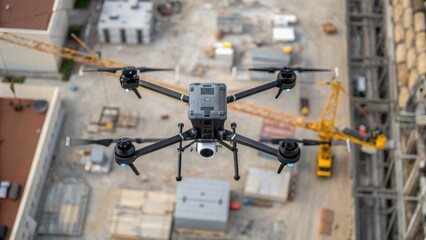 An overhead closeup of robotic drones surveying a construction site their cameras capturing highresolution images and 3D models of the area for efficient planning and oversight.