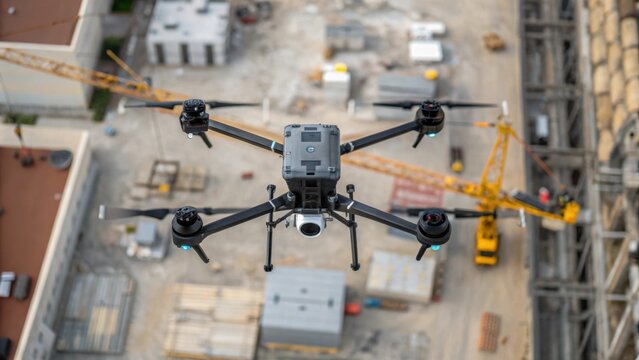 An overhead closeup of robotic drones surveying a construction site their cameras capturing highresolution images and 3D models of the area for efficient planning and oversight.
