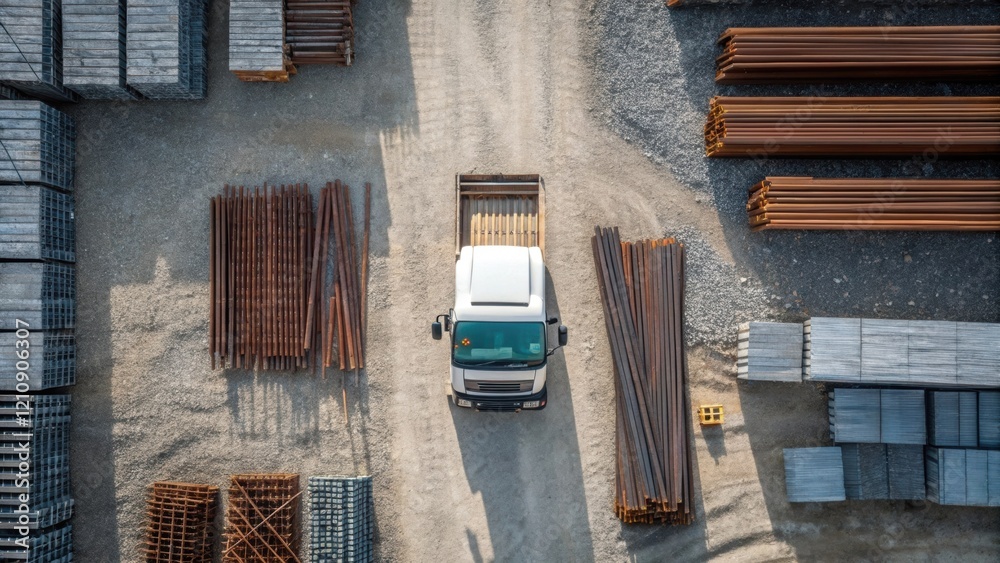 Aufkleber an overhead view of a truck parked on gravel surrounded by piles of rebar and metal sheeting the con