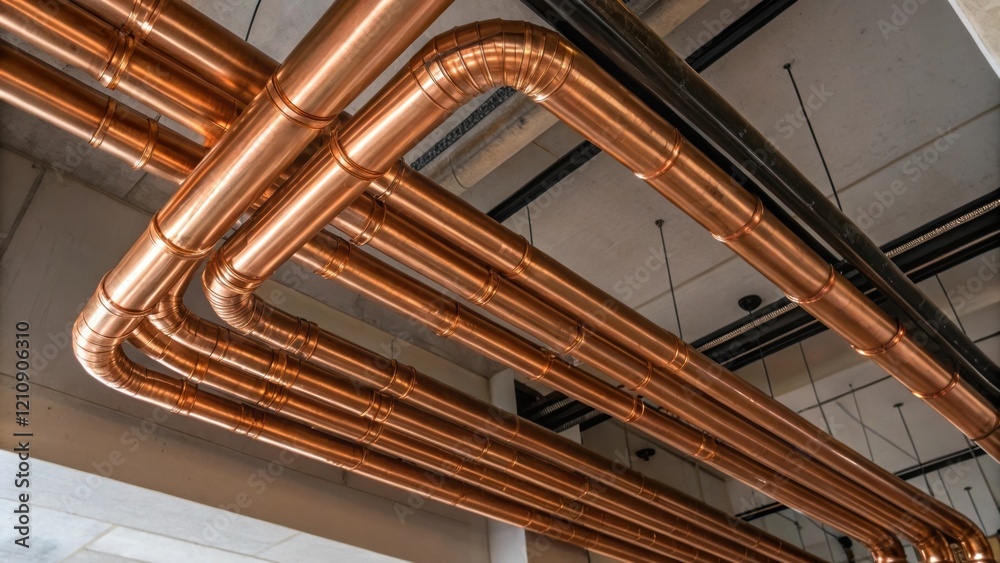 Poster An overhead view of multiple interconnected copper pipes running along a ceiling with the light reflecting off the polished surfaces and highlighting the curves and bends.