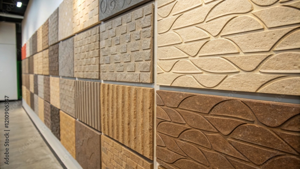 Poster an upclose view of textured wall panels made from recycled materials emphasizing the blend of modern