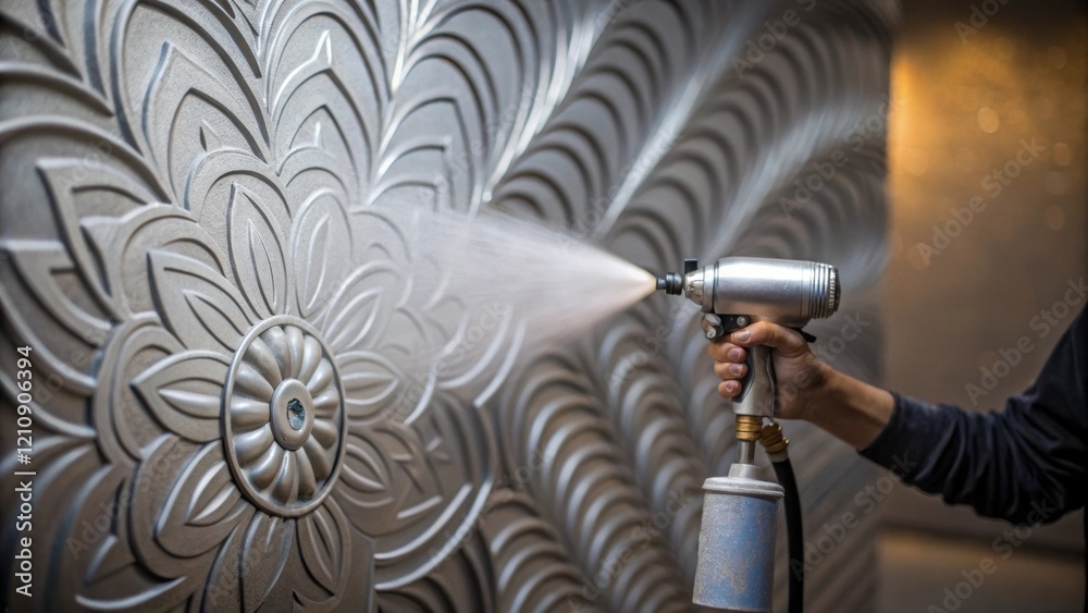 Poster a painter confidently uses a spray gun the fine mist of silver paint catching the light in the air. 