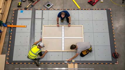 An overhead view of the installation area capturing multiple workers collaborating with one measuring while another secures a panel illustrating teamwork in the process.