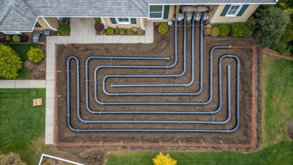 An overhead view of multiple horizontal loops of pipe being installed in a residential yard illustrating the scale and complexity of the geothermal setup in relation to the home